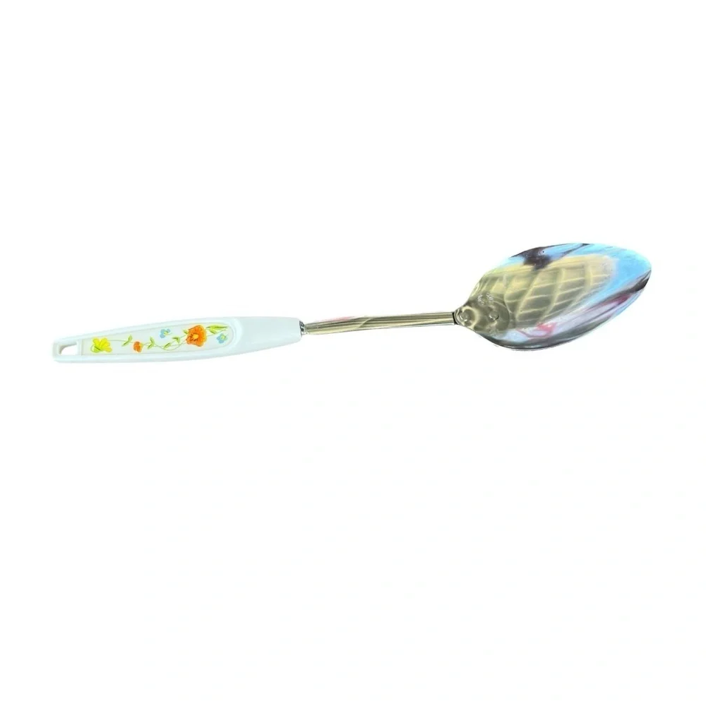 Vintage Foley Chrome Plated Serving Spoon Plastic Floral Handle USA Made 12.5”